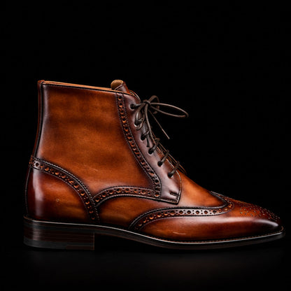 Men's Brown Patina Leather Ankle High Wingtip Boots