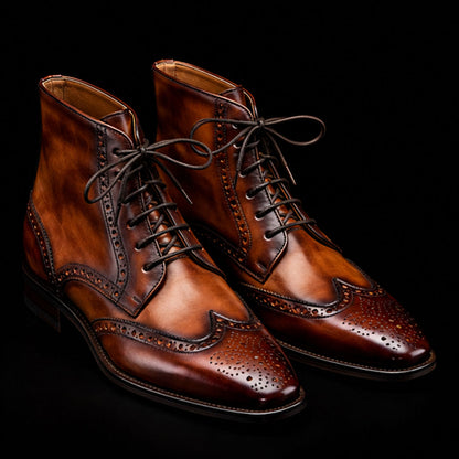Men's Brown Patina Leather Ankle High Wingtip Boots