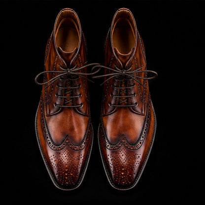Men's Brown Patina Leather Ankle High Wingtip Boots