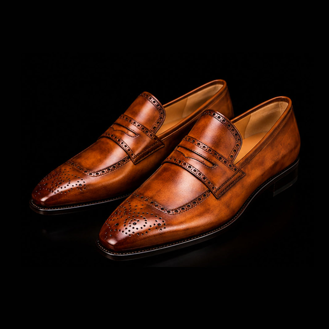 Men's Brown Patina Leather Brogue Penny Loafers