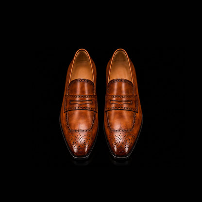 Men's Brown Patina Leather Brogue Penny Loafers