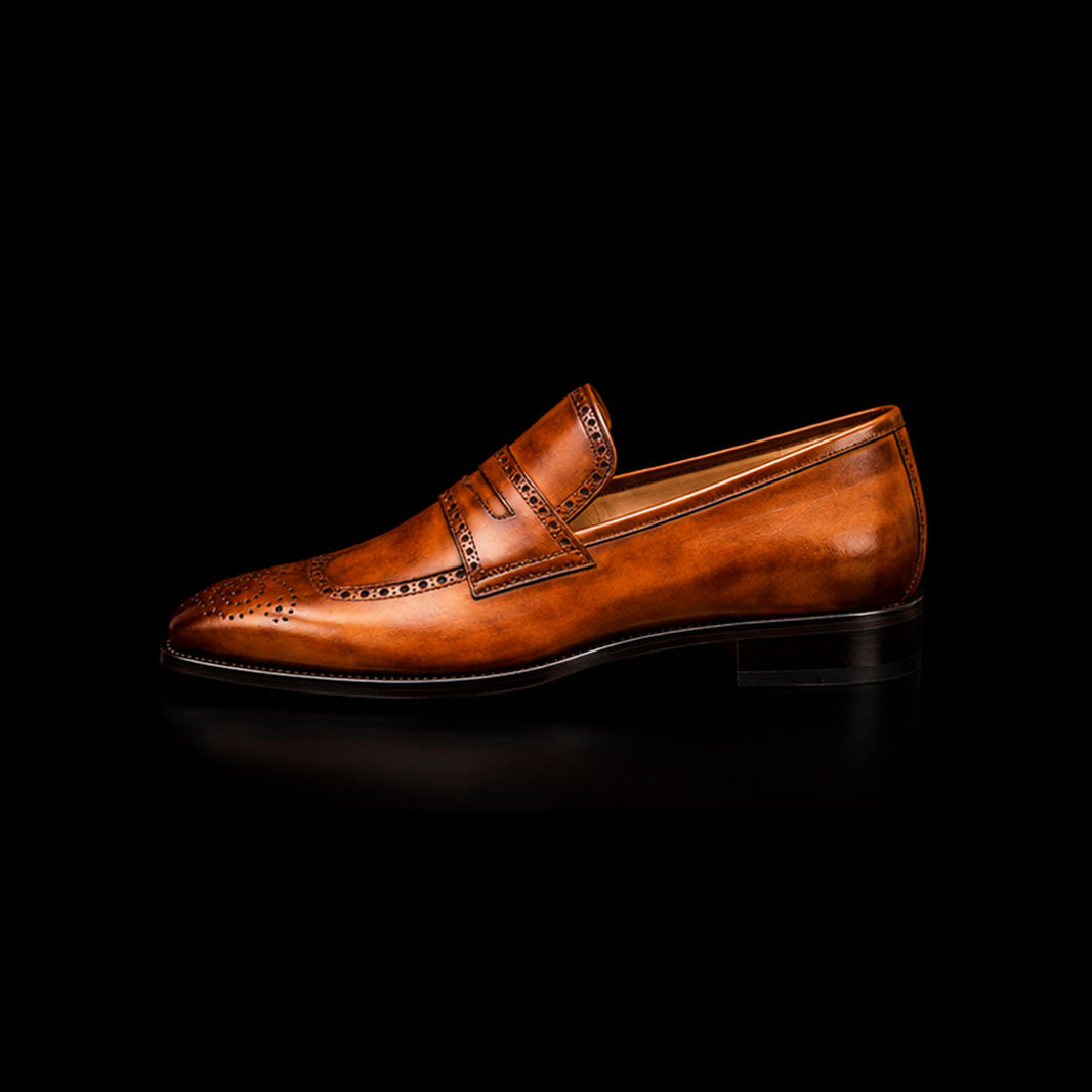Men's Brown Patina Leather Brogue Penny Loafers