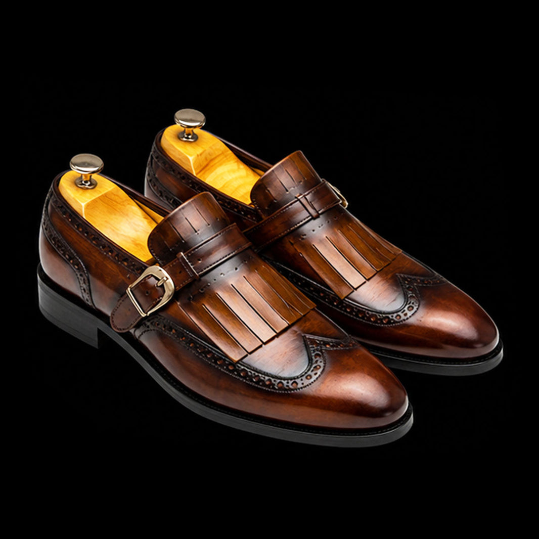 Men's Brown Patina Leather Fringed Wingtip Shoes