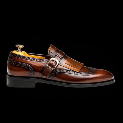 Men's Brown Patina Leather Fringed Wingtip Shoes