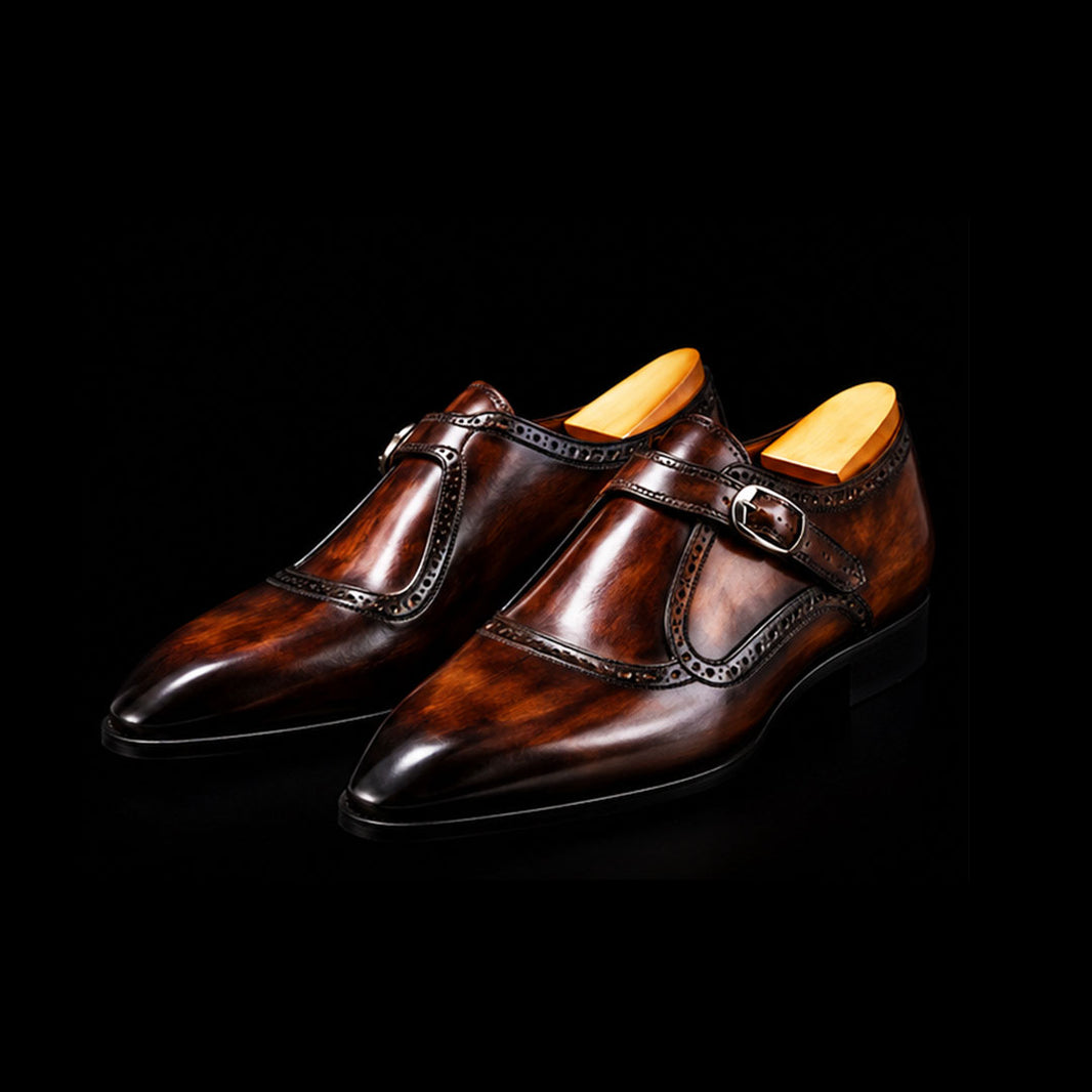Men's Brown Patina Leather Monk Style Derby Shoes