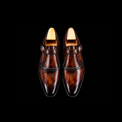 Men's Brown Patina Leather Monk Style Derby Shoes