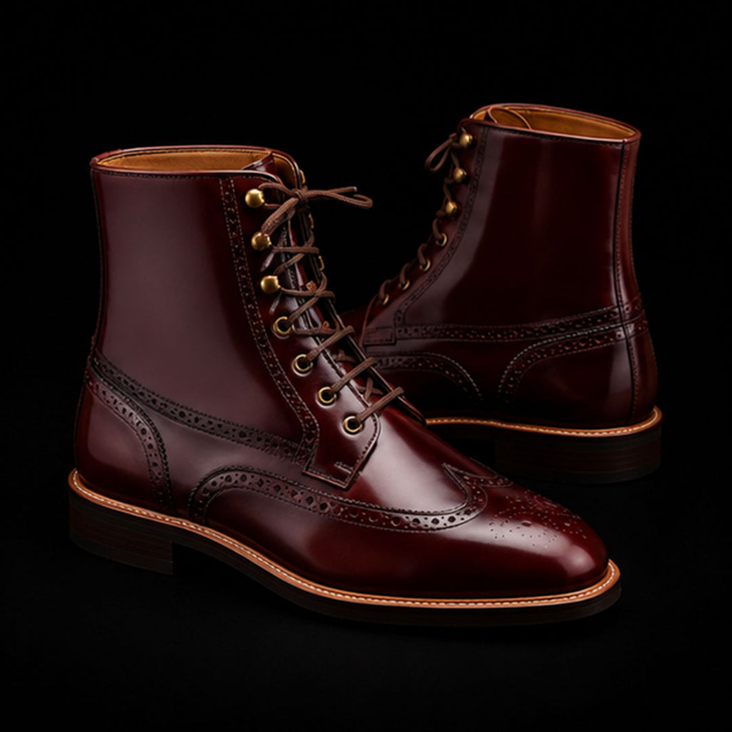 Men's Brown Patina Leather Wingtip Ankle High Boots