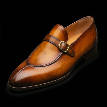 Men's Brown Patina Leather Monk Buckle Loafers