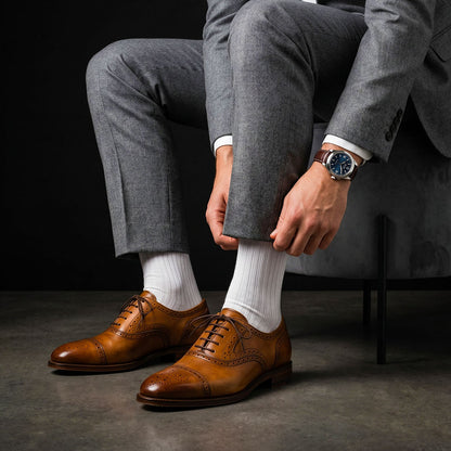 Men's Brown Royal Patina Leather Oxford Brogue Dress Shoes