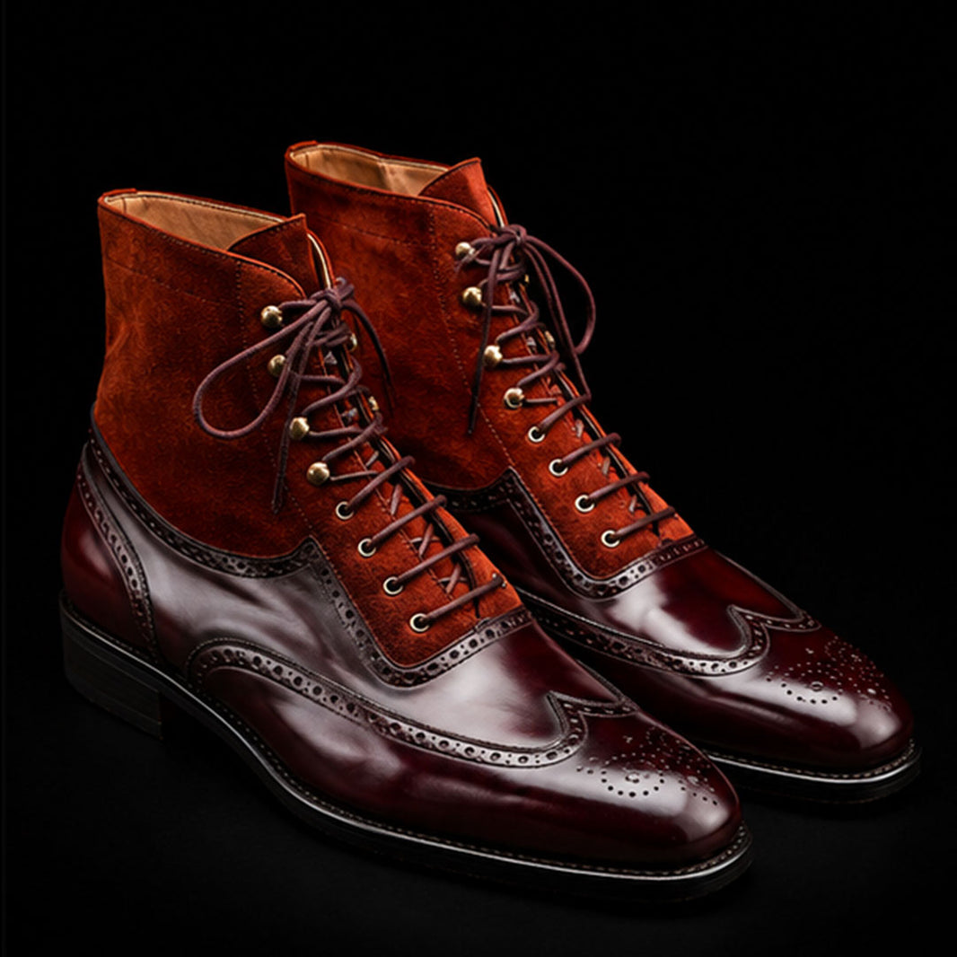 Men's Brown Suede Leather Ankle High Wingtip Boots