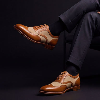 Men's Brown & Beige Suede Leather Wingtip Spectator Shoes
