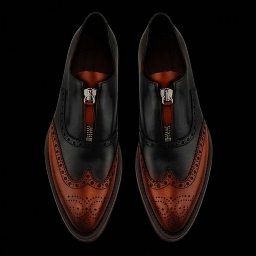 Men's Brown & Black Leather Wingtip Zipper Shoes