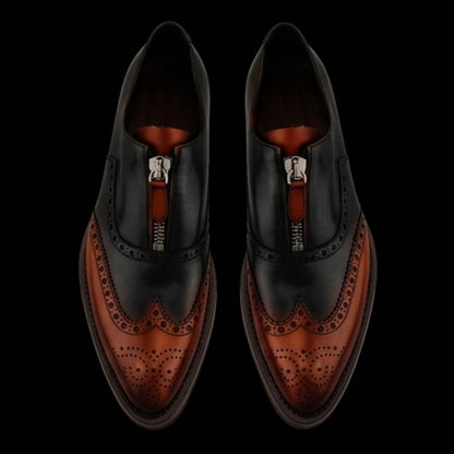 Men's Brown & Black Leather Wingtip Zipper Shoes