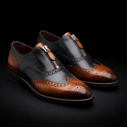 Men's Brown & Black Leather Wingtip Zipper Shoes