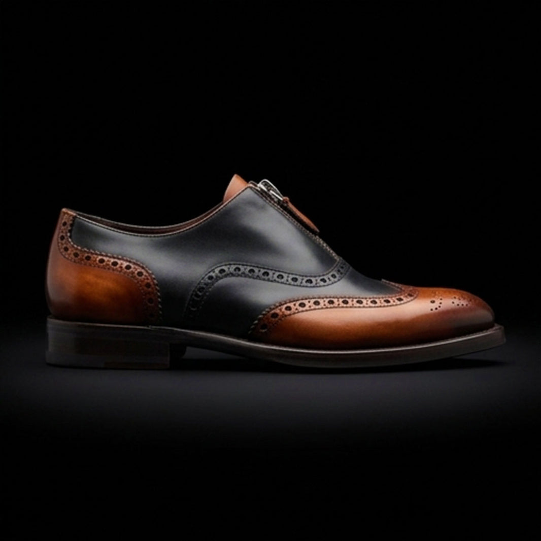 Men's Brown & Black Leather Wingtip Zipper Shoes