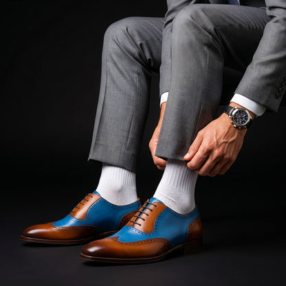 Men's Brown & Blue Leather Wingtip Oxford Shoes