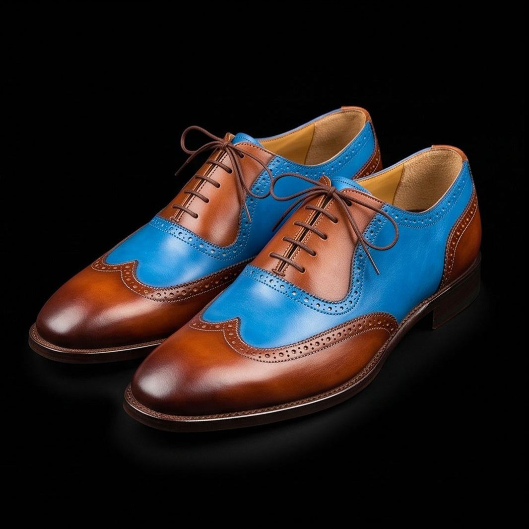 Men's Brown & Blue Leather Wingtip Oxford Shoes