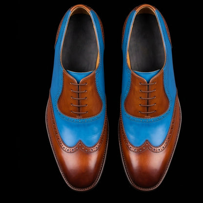 Men's Brown & Blue Leather Wingtip Oxford Shoes