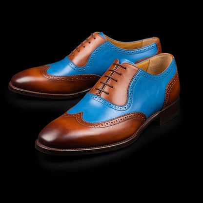 Men's Brown & Blue Leather Wingtip Oxford Shoes
