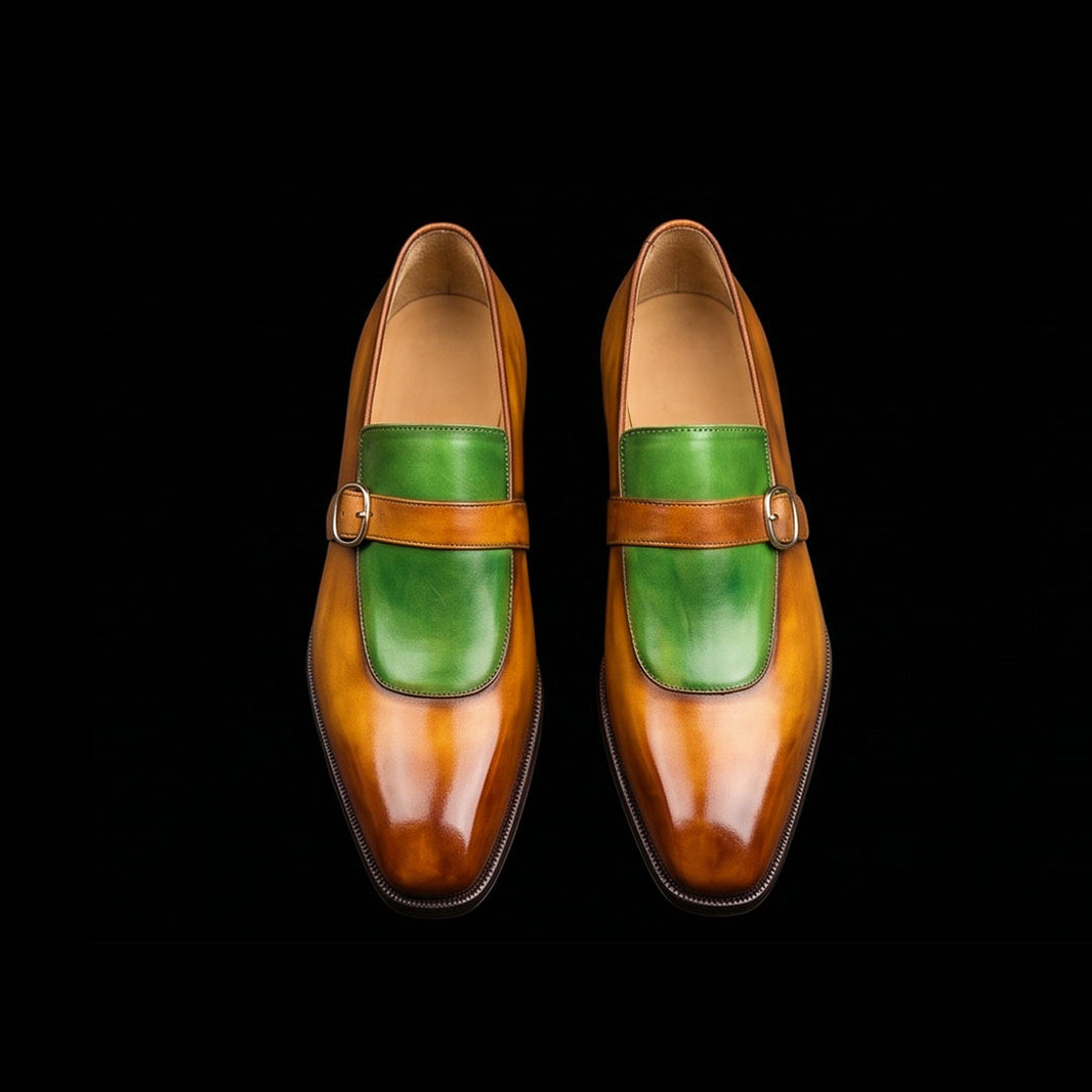 Men's Brown & Green Leather Monk Buckle Dress Loafers