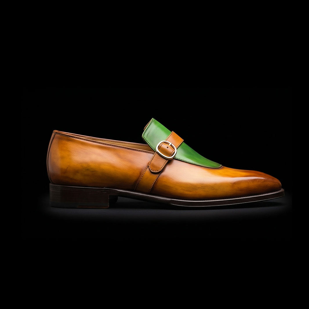 Men's Brown & Green Leather Monk Buckle Dress Loafers