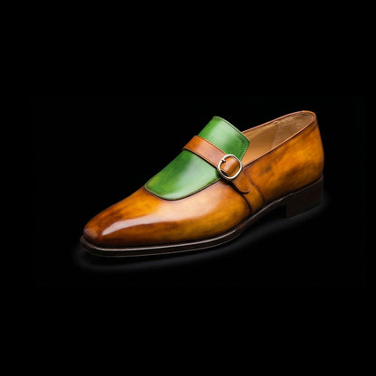 Men's Brown & Green Leather Monk Buckle Dress Loafers