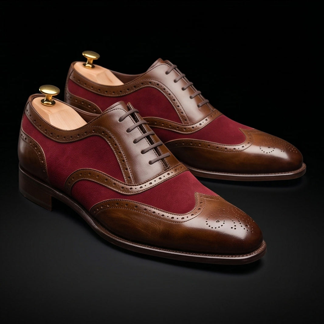 Men's Brown & Maroon Suede Leather Wingtip Oxford Shoes