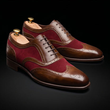 Men's Brown & Maroon Suede Leather Wingtip Oxford Shoes