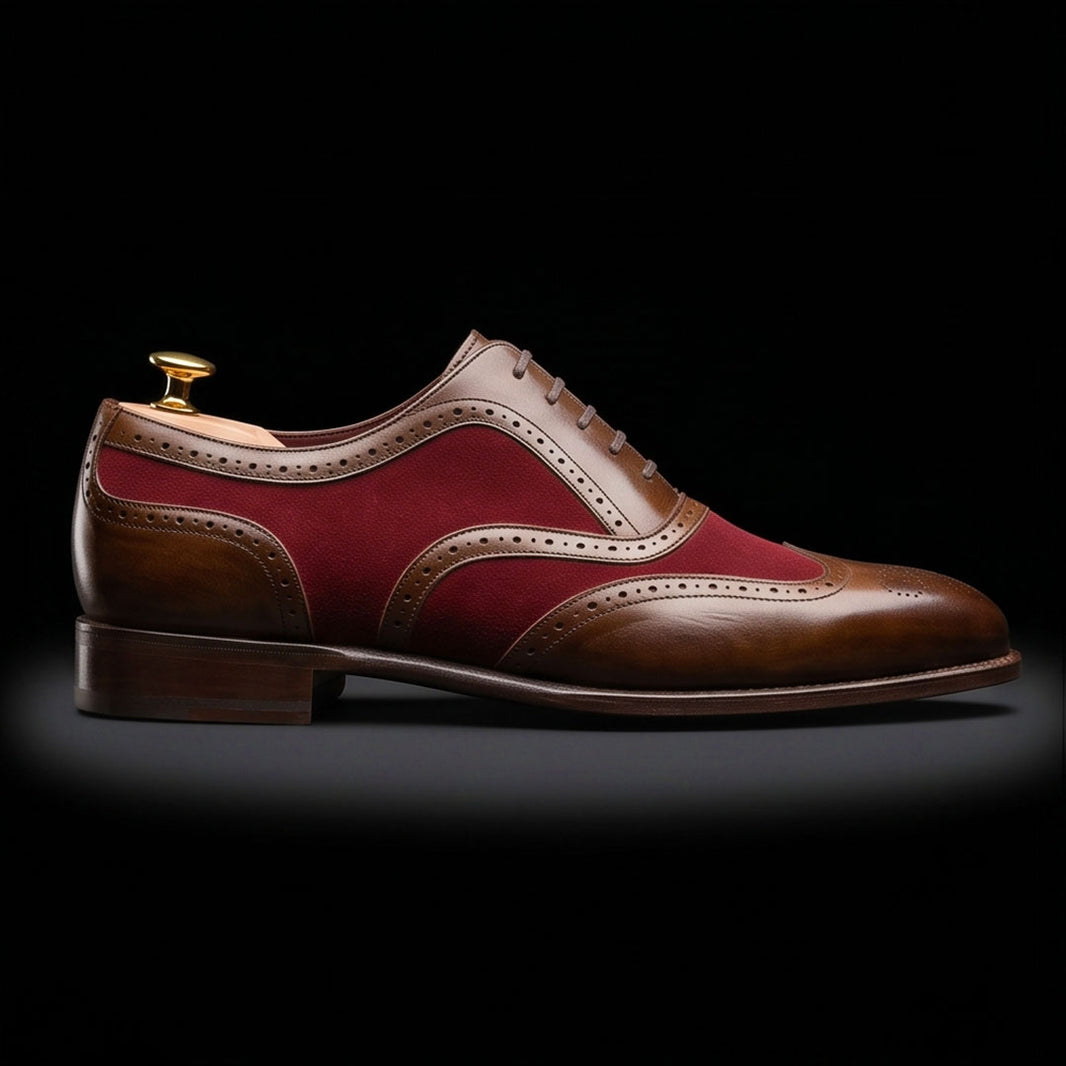 Men's Brown & Maroon Suede Leather Wingtip Oxford Shoes