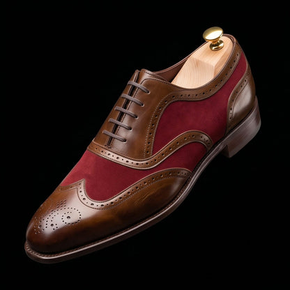 Men's Brown & Maroon Suede Leather Wingtip Oxford Shoes
