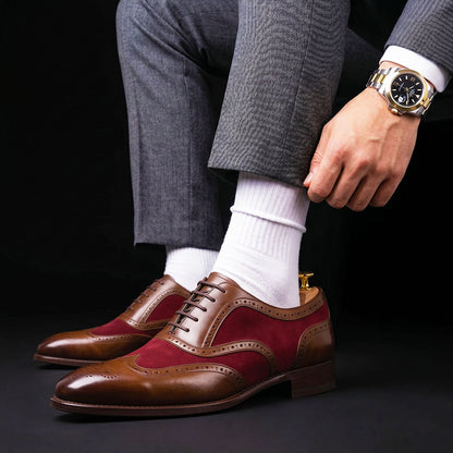 Men's Brown & Maroon Suede Leather Wingtip Oxford Shoes