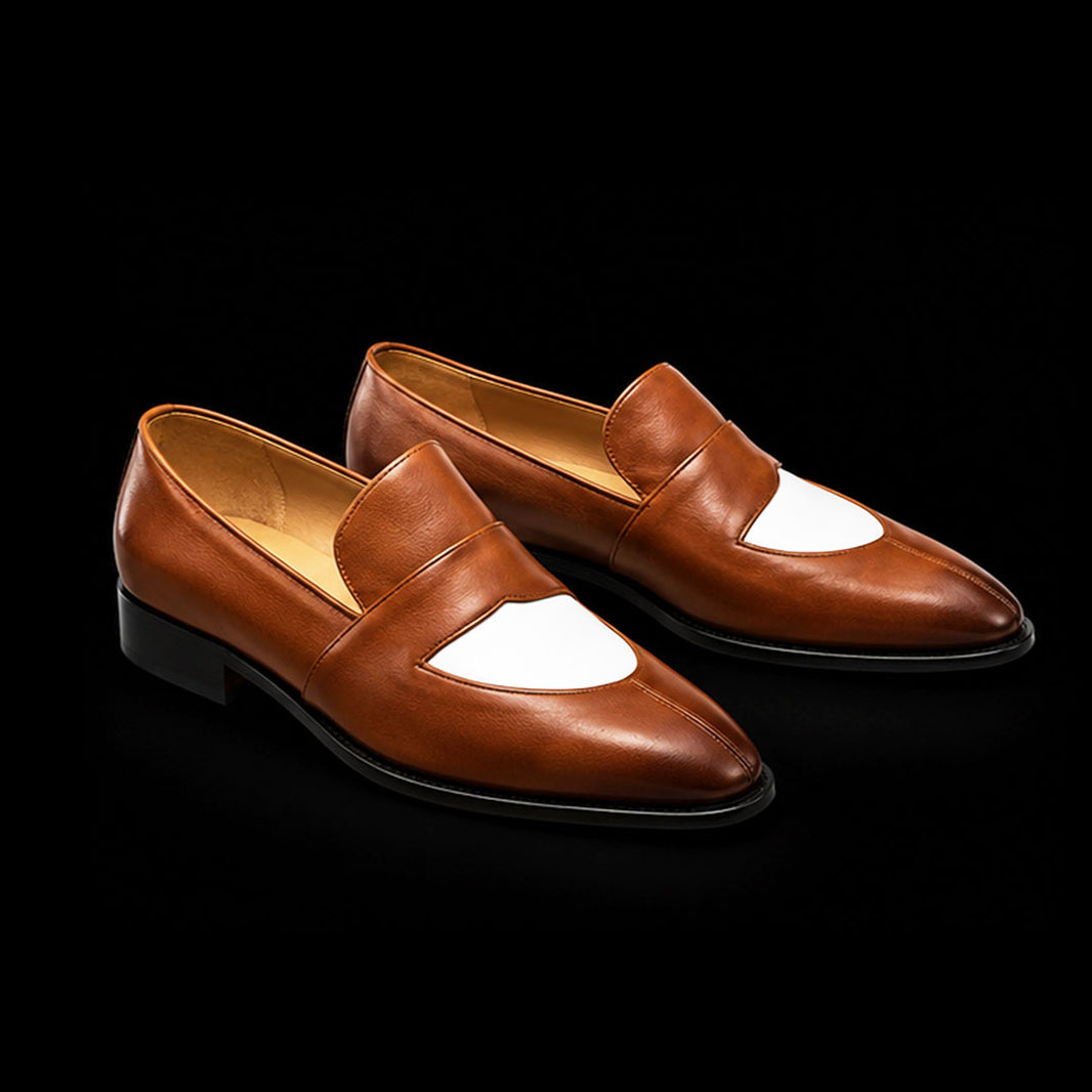 Men's Brown & White Leather Penny Loafers
