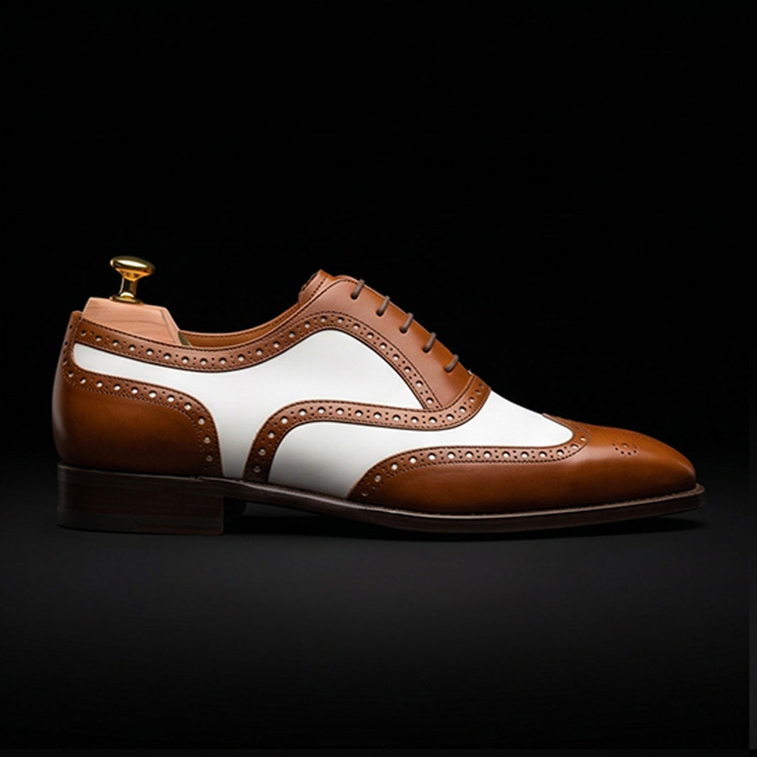 Men's Brown & White Leather Wingtip Spectator Shoes