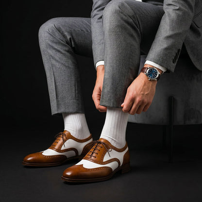 Men's Brown & White Leather Wingtip Spectator Shoes