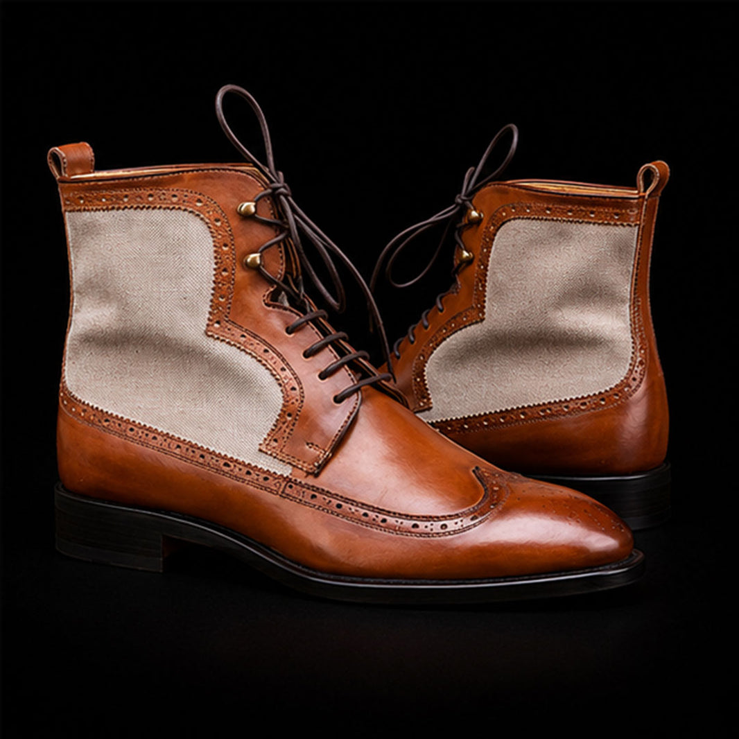 Men's Brown & White Suede Leather Ankle High Boots