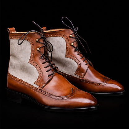 Men's Brown & White Suede Leather Ankle High Boots