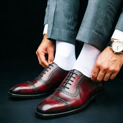 Men's Burgundy & Blue Leather Wingtip Oxford Shoes