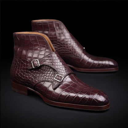 Men's Dark Brown Alligator Texture Leather Boots
