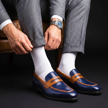 Men's Dual Tone Black & Brown Leather Penny Loafers