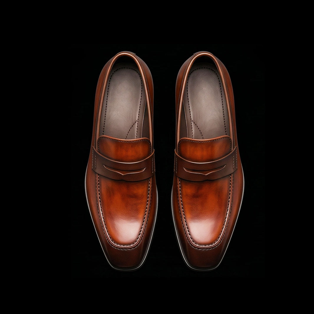 Men's Dual Tone Brown Patina Leather Penny Loafers