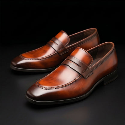 Men's Dual Tone Brown Patina Leather Penny Loafers