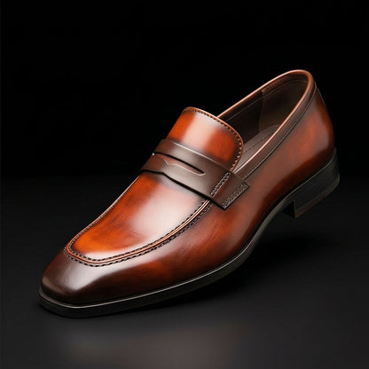 Men's Dual Tone Brown Patina Leather Penny Loafers
