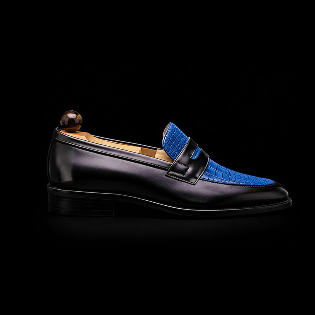 Men's Genuine Black & Blue Leather Penny Loafers
