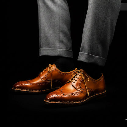 Men's Genuine Tan Leather Wingtip Oxford Shoes