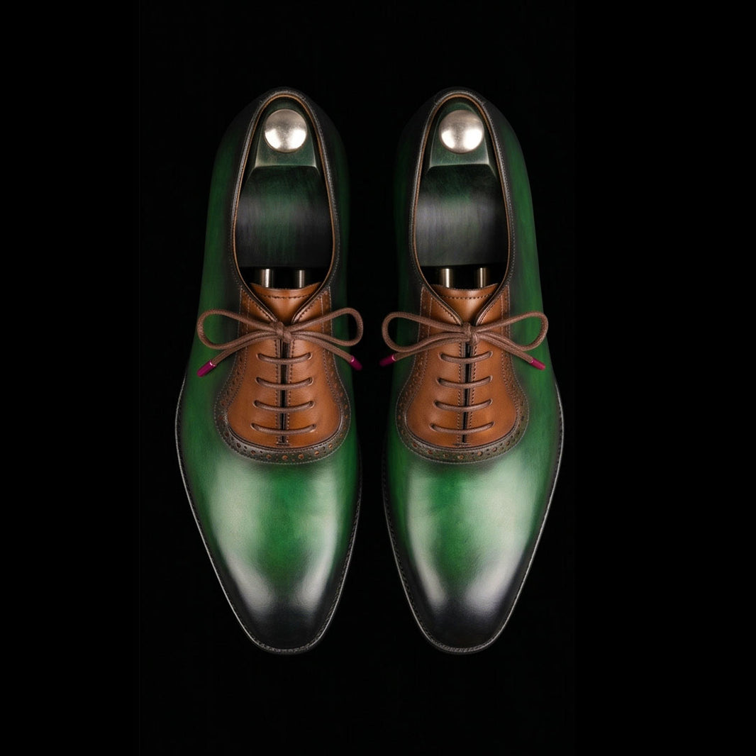 Men's Green & Brown Patina Leather Oxford Shoes
