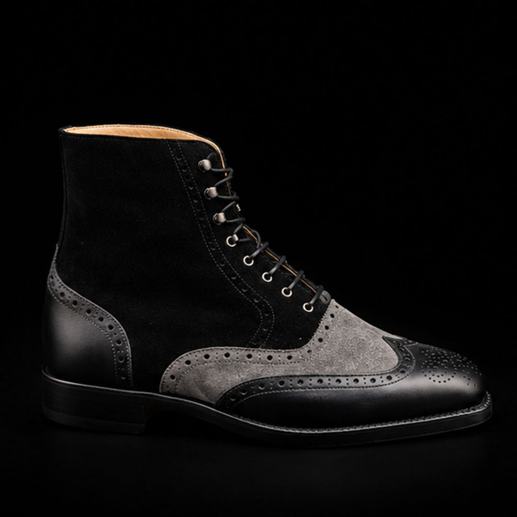 Men's Grey & Black Suede Leather Wingtip Boots