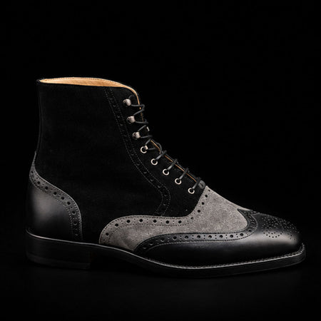 Men's Grey & Black Suede Leather Wingtip Boots