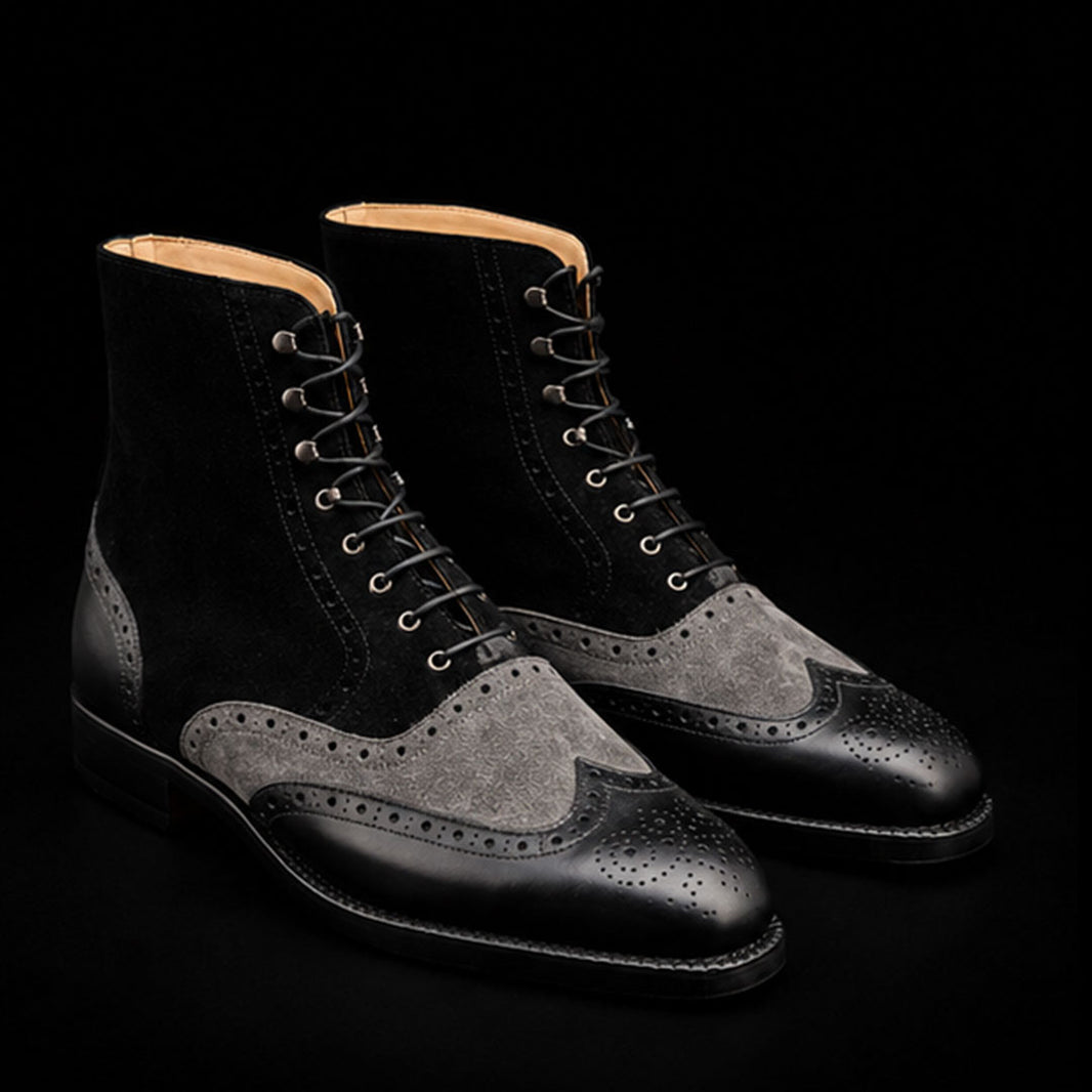Men's Grey & Black Suede Leather Wingtip Boots