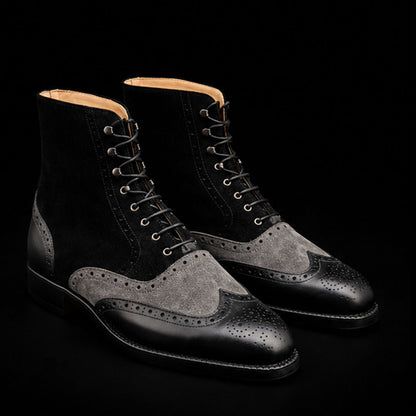 Men's Grey & Black Suede Leather Wingtip Boots