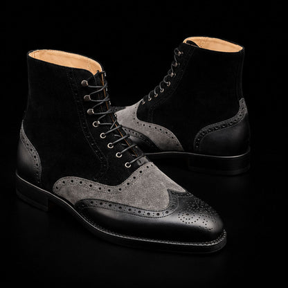 Men's Grey & Black Suede Leather Wingtip Boots